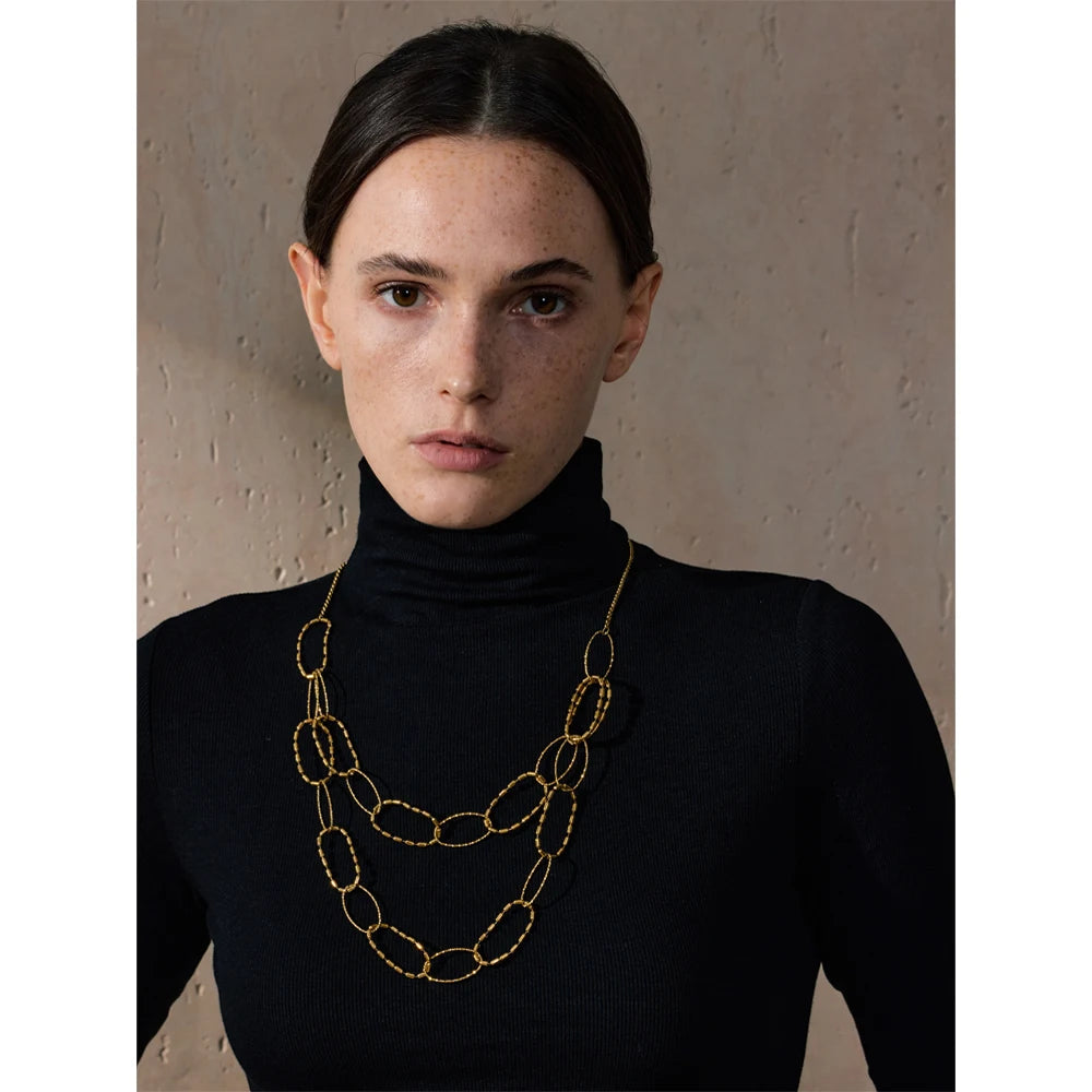 Yhpup círculo de aço inoxidável link dupla camada corrente colar dourado resistente à água metal moda declaração jóias acessórios