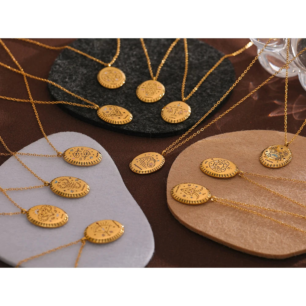 Yhpup novo 316 aço inoxidável 12 constelação gota pingente colar à prova dwaterproof água jóias douradas 18 k colar de metal presente