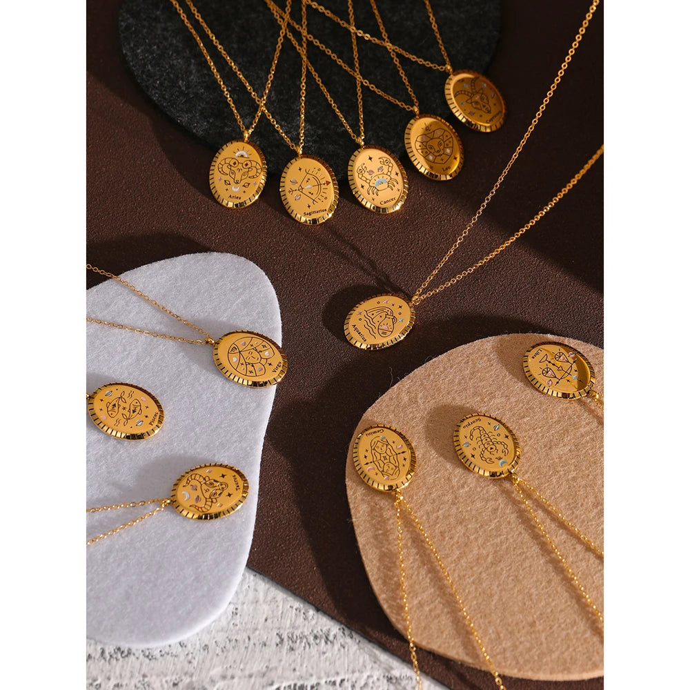 Yhpup novo 316 aço inoxidável 12 constelação gota pingente colar à prova dwaterproof água jóias douradas 18 k colar de metal presente