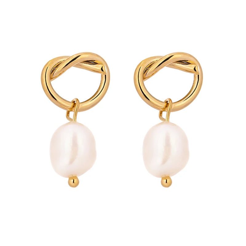 Yhpup minimalista pérolas naturais balançar brincos moda coreano simples elegante textura de metal jóias elegantes para o presente da menina