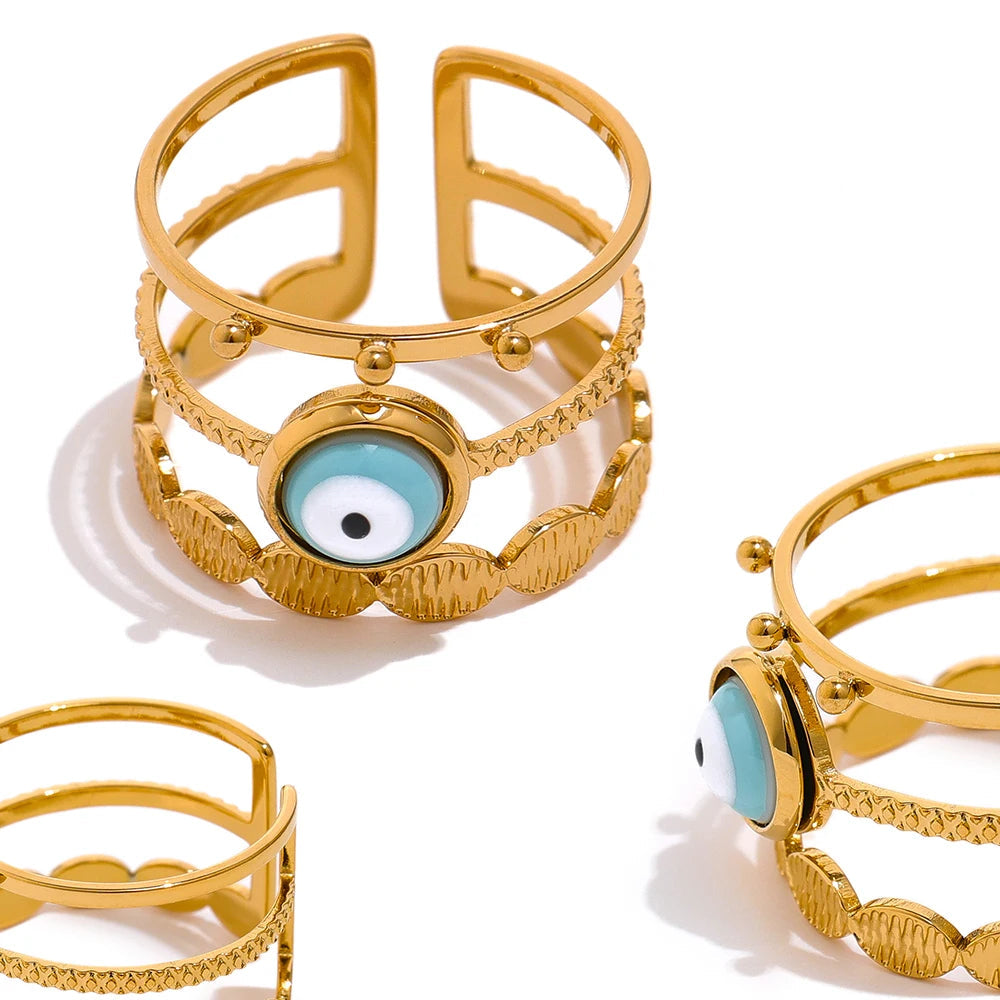 Yhpup-Anel de Talão Olho Turco para Mulheres, Anel de Dedo Ajustável, Aço Inoxidável, Jóias Douradas, Presente, Novo