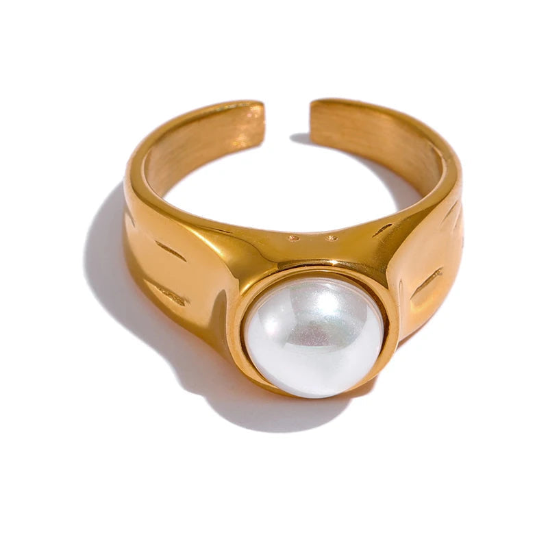 Yhpup imitação de pérolas anel jóias de aço inoxidável dourado geométrico novo anel de dedo para mulheres colheьц® жletiе presente de festa