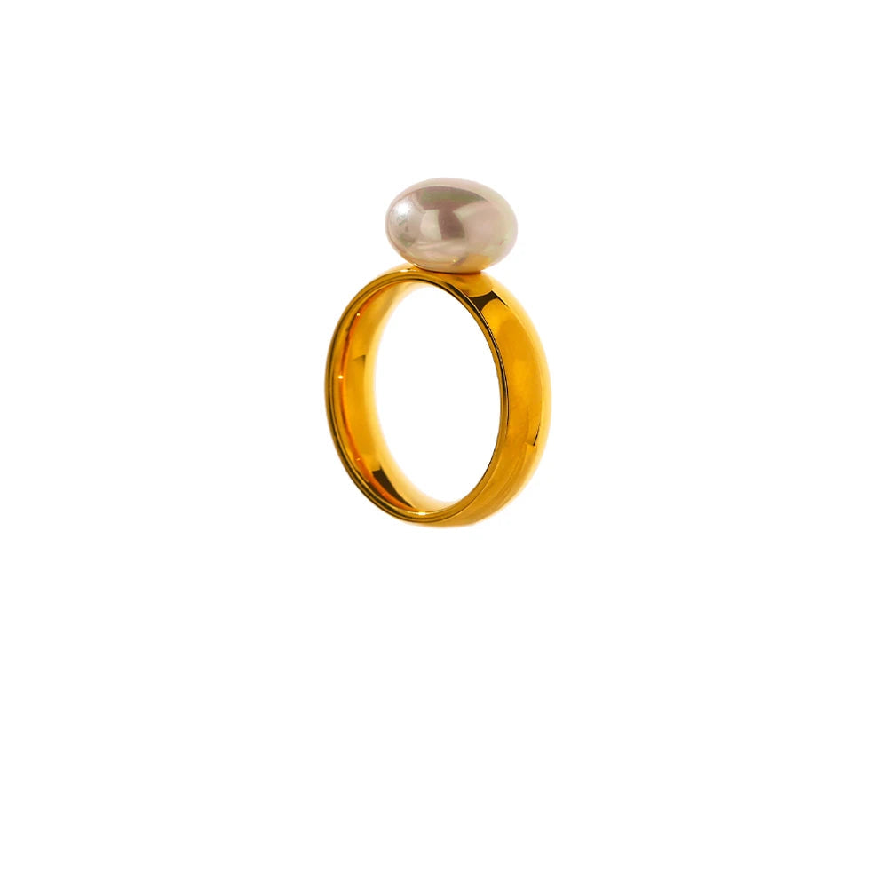 Yhpup elegante concha pérola anel moda ouro aço inoxidável textura de metal 18 k banhado geométrico charme jóias feminino noivado