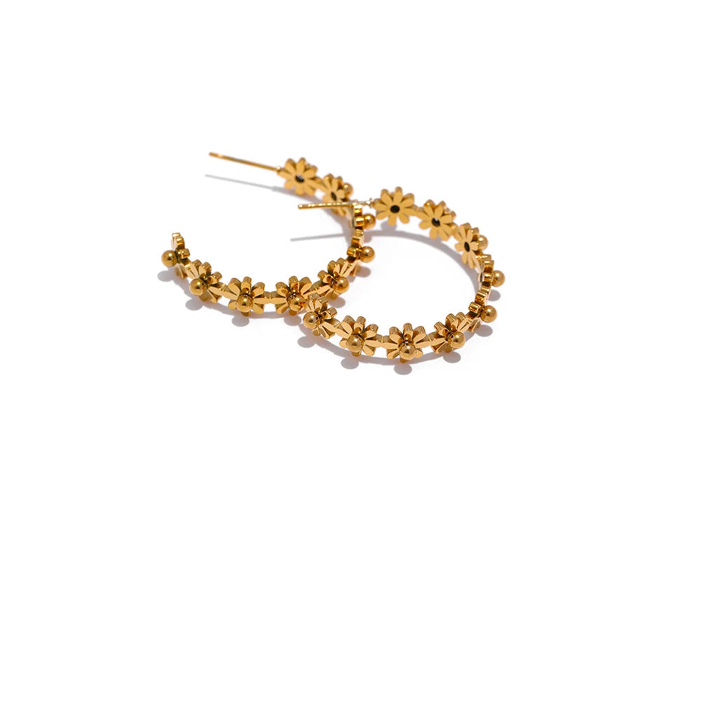 Yhpup brincos de argola redondos de aço inoxidável, flor, moda dourada, metal, textura de marca, joias, presente de festa, à prova d'água, mulheres