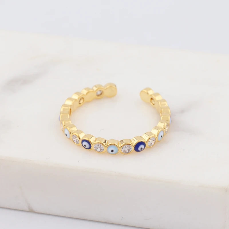 Lucky Eye Azul Turco Evil Eye Anel Aberto Cobre Cor Dourada Anéis de Dedo Ajustáveis para Mulheres Meninas Homens Moda Jóias