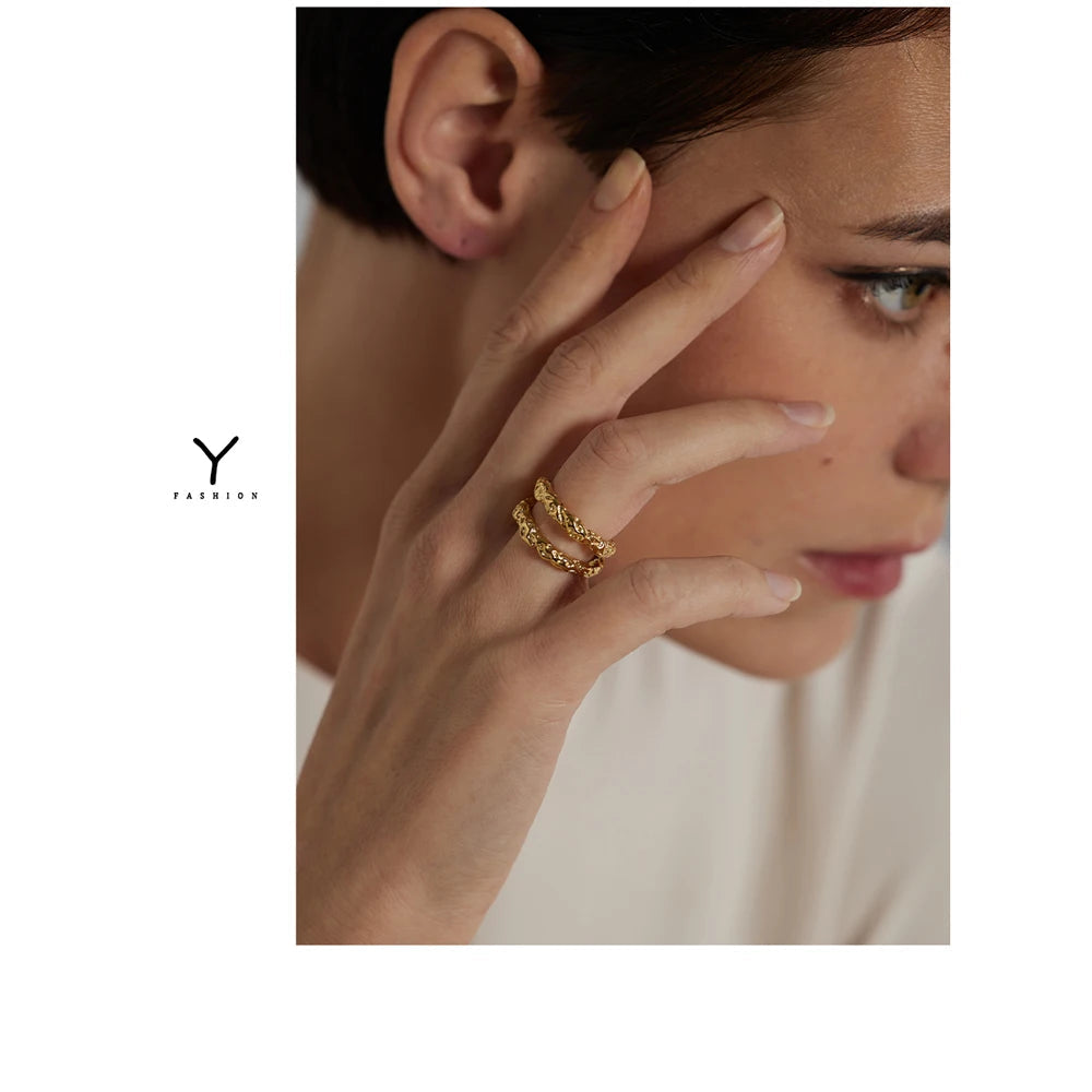 Yhpup anéis redondos de aço inoxidável para mulheres, textura dourada, metal banhado a 18 k, joias da moda, bagues despeje, presente feminino