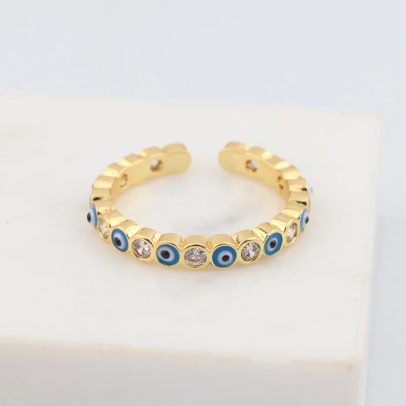 Lucky Eye Azul Turco Evil Eye Anel Aberto Cobre Cor Dourada Anéis de Dedo Ajustáveis para Mulheres Meninas Homens Moda Jóias