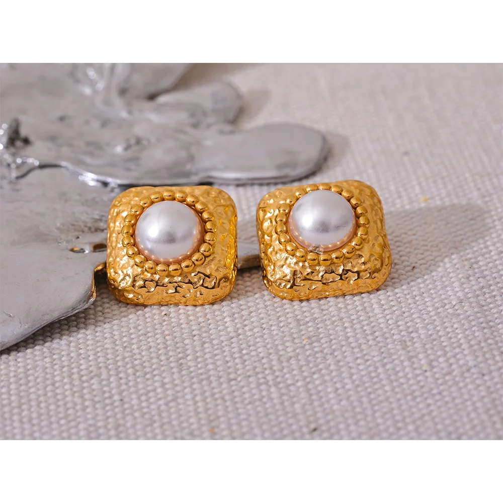 Yhpup-brincos quadrados de aço inoxidável, pérolas de imitação, jóias vintage, moda elegante, evitar alergia, metal, titânio, novo