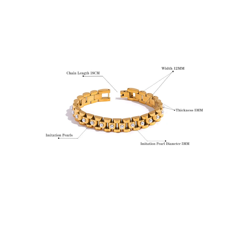 Yhpup 18cm imitação de pérolas de aço inoxidável pvd banhado a ouro grosso corrente cubana charme pulseira moda jóias wome