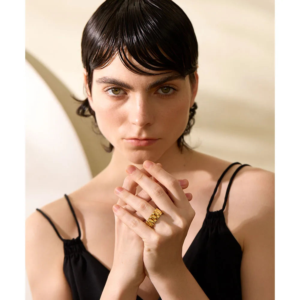 Yhpup novo anel de dedo com corrente de aço inoxidável à prova d'água, textura de metal personalizada, charme à prova de ferrugem, joias da moda para mulheres