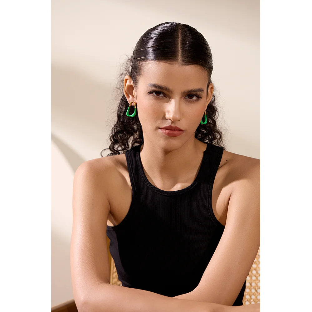 Yhpup verde esmalte minimalista moda geométrica oco brincos feminino na moda verão aço inoxidável jóias elegantes