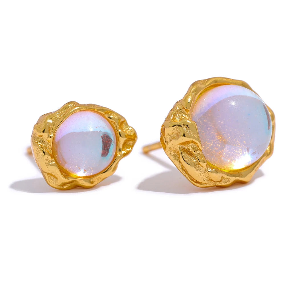 Yhpup-Asymmetric Sterling Silver Stud Earrings, Moonstone Artificial, Misteriosa Moda Textura, Encantos de Luxo, Fine Jewelry, AB