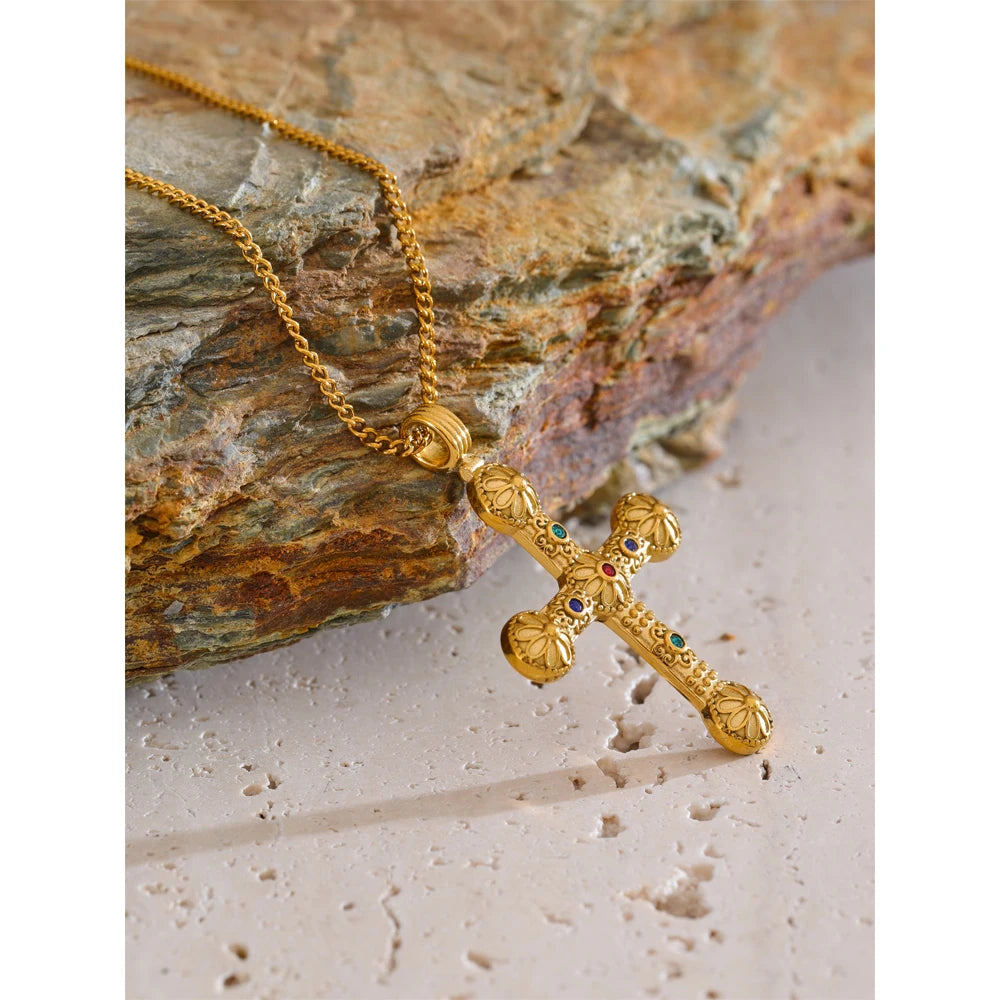 Yhpup declaração de aço inoxidável zircão cruz pingente colar vintage chegadas 18k banhado a ouro moda clássico jóias