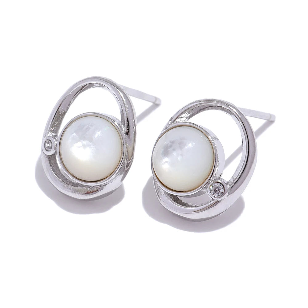 Yhpup moda pedra natural opala concha cz redondo oco brincos para mulheres s925 prata esterlina requintado chique jóias