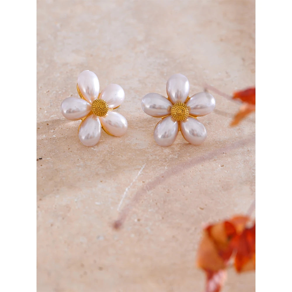 Yhpup brincos de pérola simulada, elegância dourada, flor, moda, aço inoxidável, dourado, diário, joias, recomendado