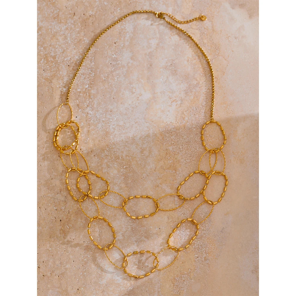 Yhpup círculo de aço inoxidável link dupla camada corrente colar dourado resistente à água metal moda declaração jóias acessórios