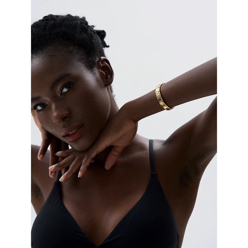 Yhpup 316 aço inoxidável quadrado metal elástico pulseira na moda textura de declaração à prova dwaterproof água pulso jóias presente gala