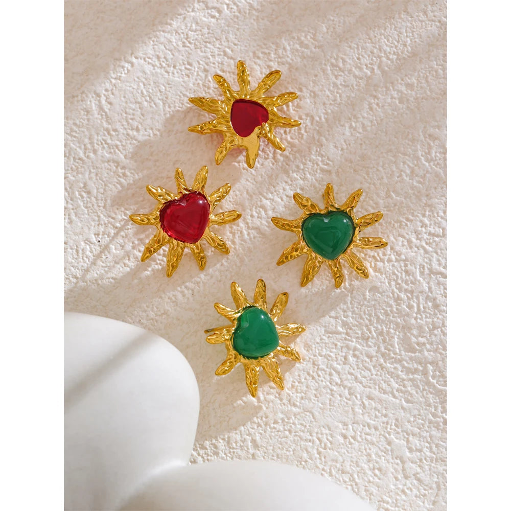 Yhpup Brincos de aço inoxidável com pedra verde, resina vermelha e branca, coração, amor, para mulheres, joias da moda diária