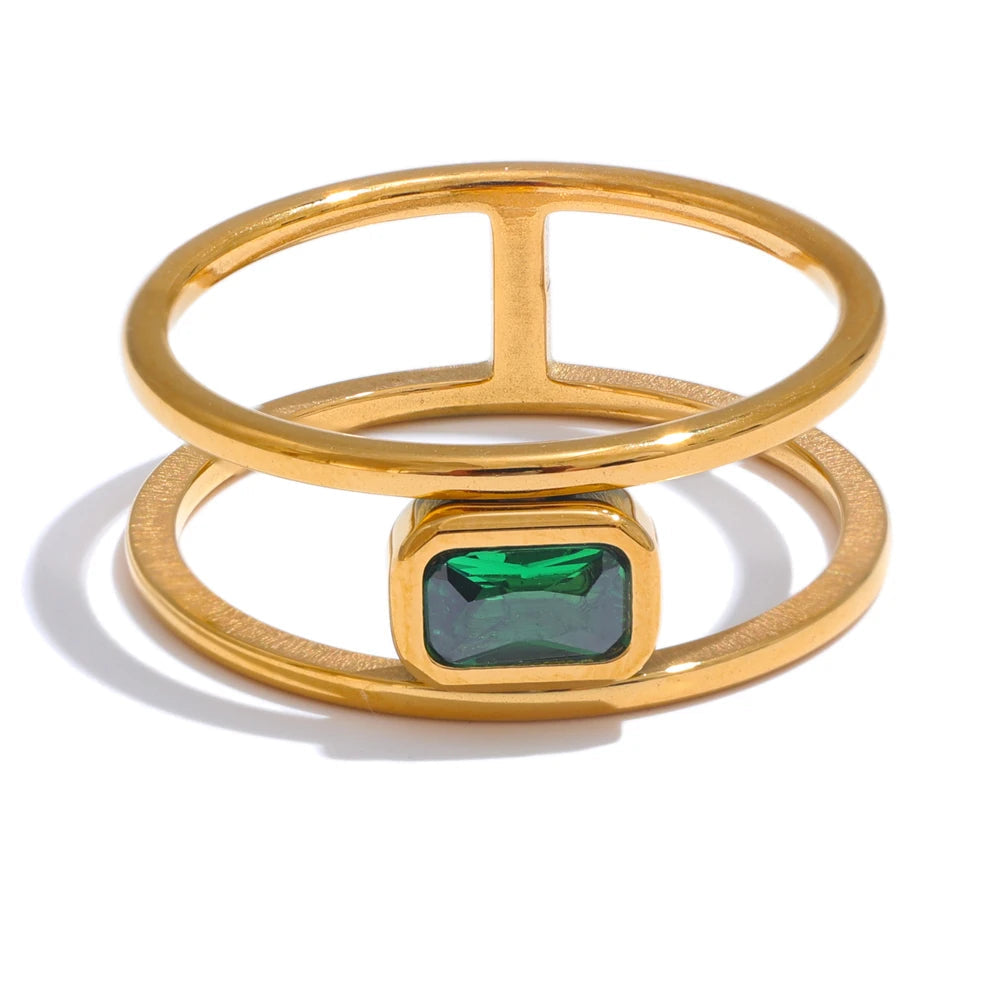 Yhpup anel de moda de zircônia cúbica verde oca de dupla camada de aço inoxidável requintado à prova de ferrugem 18K joias de dedo cor dourada