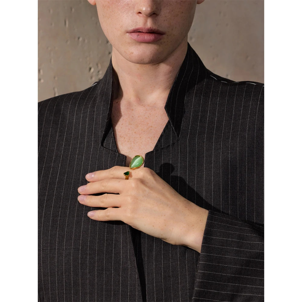 Yhpup chegada verde pedra natural zircônia gota de água geométrica anel dourado para mulheres aço inoxidável elegante jóias presente