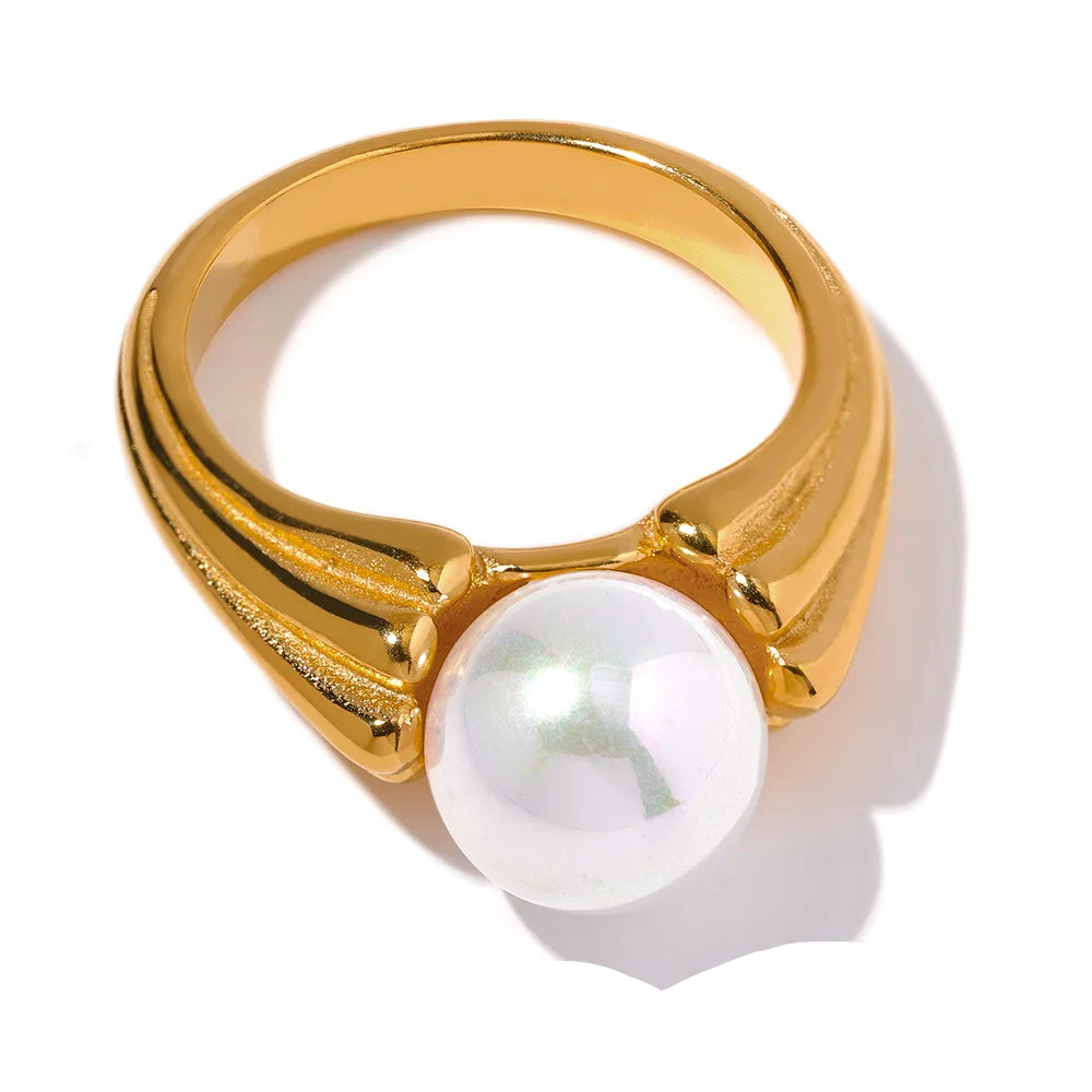 Yhpup anel de pérola de concha de aço inoxidável sem manchas, pingente de cor dourada 18k, joias vintage elegantes para mulheres, presente de gala