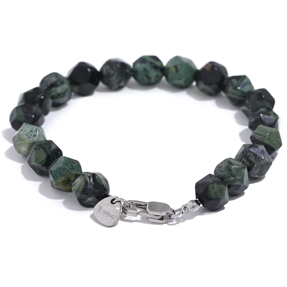 Yhpup-Natural Malaquita Pedra Contas Pulseira para Homens e Mulheres, Pulseira de Aço Inoxidável, Unisex Saúde Jóias, Cadeia Artesanal, 8 #, 10 #