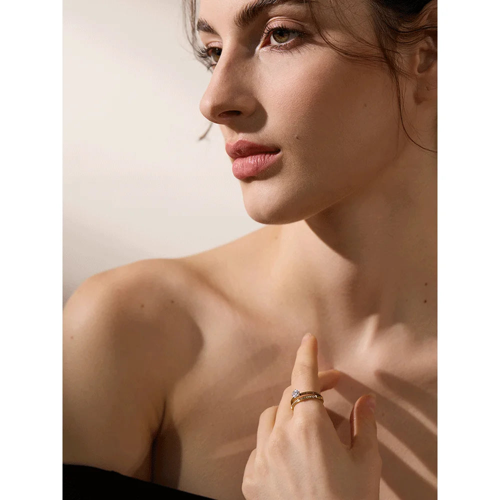 Yhpup delicado brilhante zircônia cúbica aço inoxidável dupla camada clássico anel de alta qualidade presente feminino requintado jóias românticas