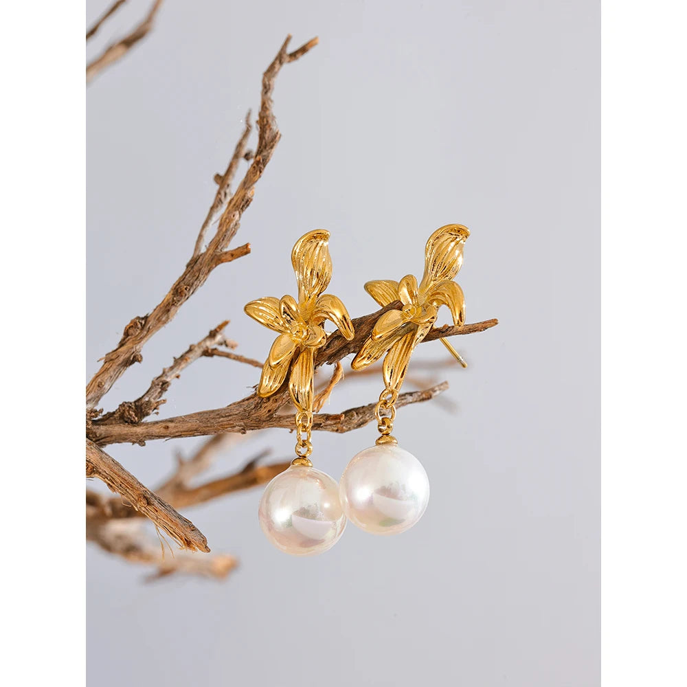 Yhpup-Brincos de aço inoxidável com pérolas imitadas para mulheres, flor impermeável, acessórios elegantes para joias, moda coreana, novo