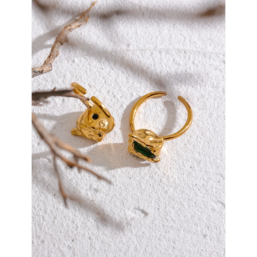 Yhpup preto verde zircônia cúbica aço inoxidável quadrado aberto anel 18k banhado a ouro de alta qualidade criativo à prova dwaterproof água jóias femininas