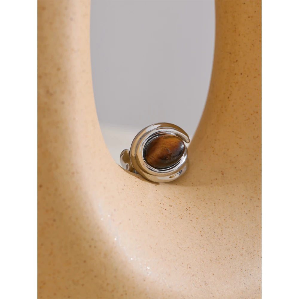 Yhpup popular aço inoxidável natural tigre pedra anel de dedo ouro prata cor à prova dwaterproof água geométrica charme jóias 2024