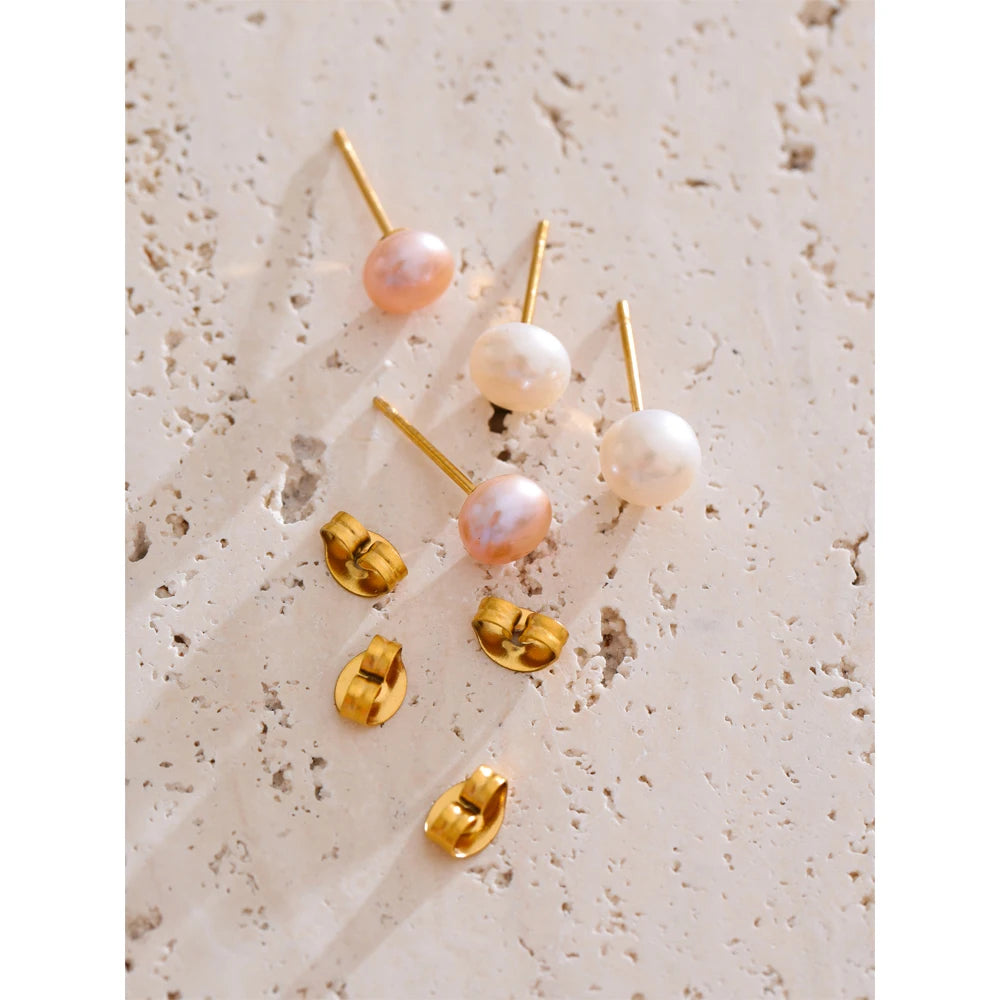 Yhpup 6mm de alta qualidade branco rosa natural pão de água doce pérola pequenos brincos femininos aço inoxidável jóias diárias presente