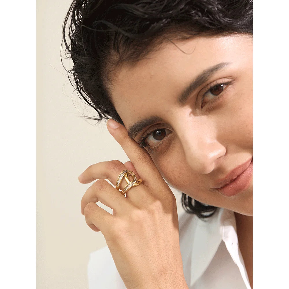 Yhpup moda aço inoxidável zircônia cúbica anel aberto para mulheres de alta qualidade geométrica delicada zircão jóias 18k pvd banhado