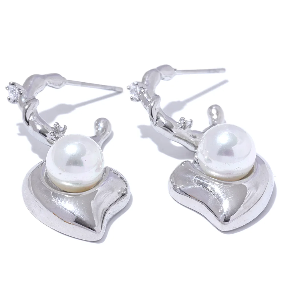 Yhpup-aço inoxidável coração cz brincos para mulheres, imitação de pérolas, prevenir alergia, jóias requintadas coreano, presente da moda