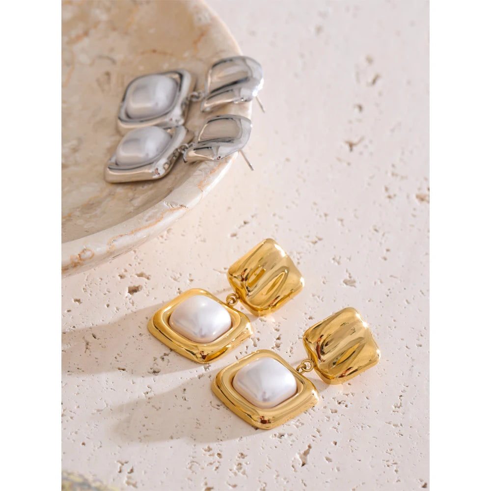 Yhpup elegância imitação de pérolas brincos quadrados anti alérgicos aço inoxidável atraente popular coreano jóias presente