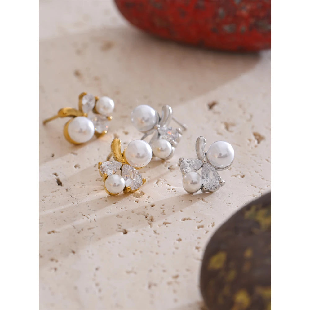 Yhpup suave pérola bling zircônia cúbica flor delicado brincos mancha resistente aço inoxidável chique doce jóias presente