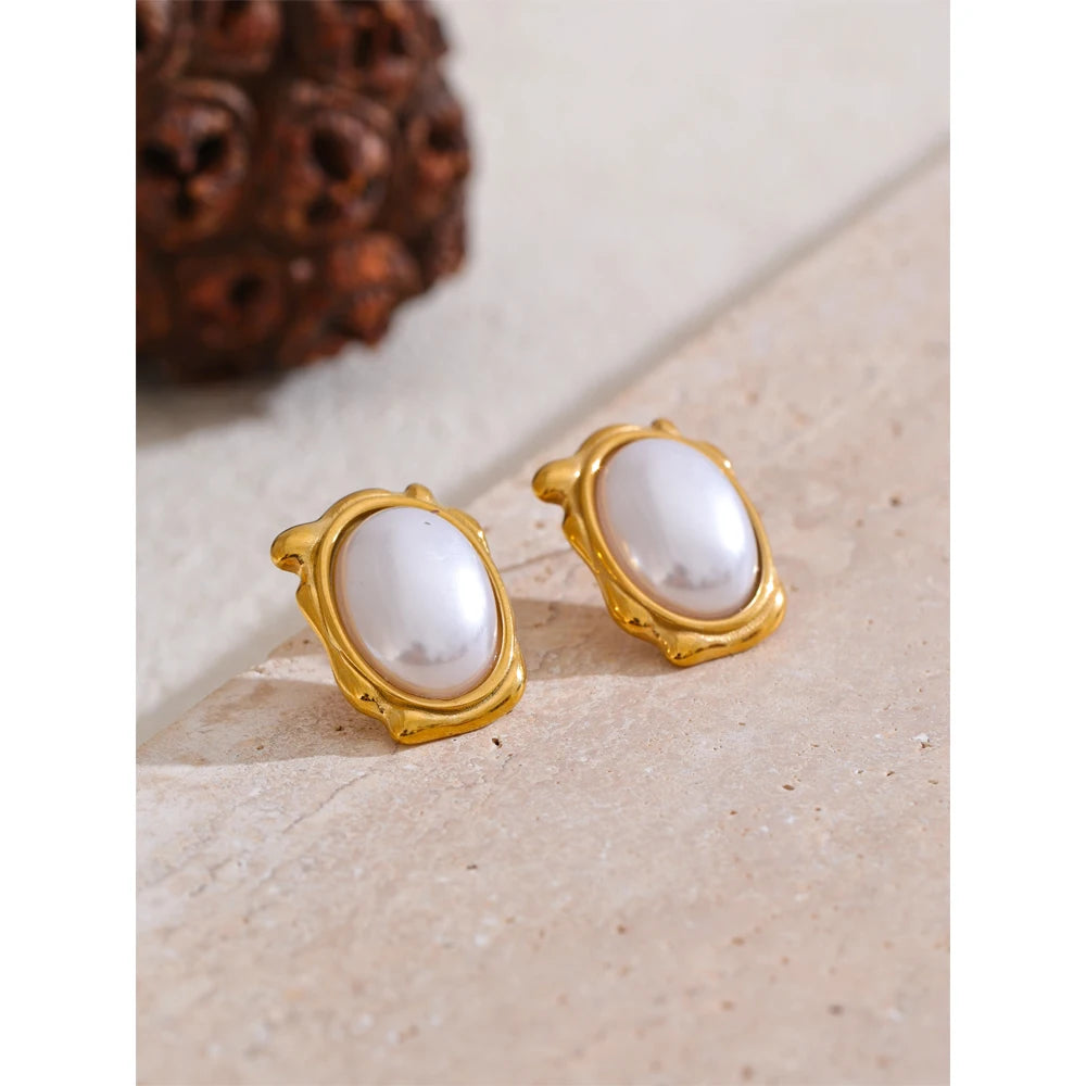 Yhpup elegante pérolas simuladas redondas brincos diários para mulheres 18k banhado a ouro aço inoxidável joias vintage novas