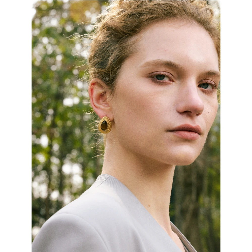 Yhpup gota de água pedra natural moda geométrica diária brincos vintage tigre lápis-lazúli charme jóias cor ouro pvd