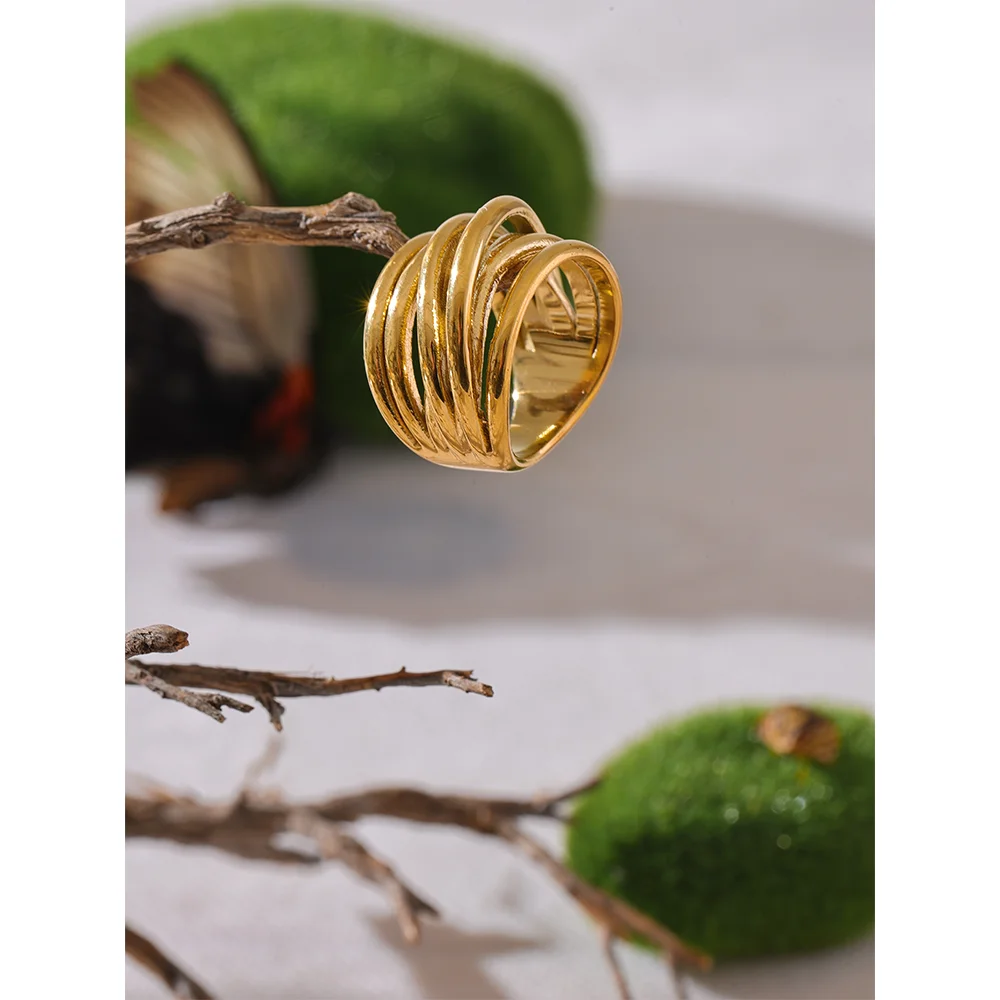 Yhpup Anel largo geométrico dourado de metal banhado a PVD 18K em aço inoxidável na moda cor dourada joias de declaração