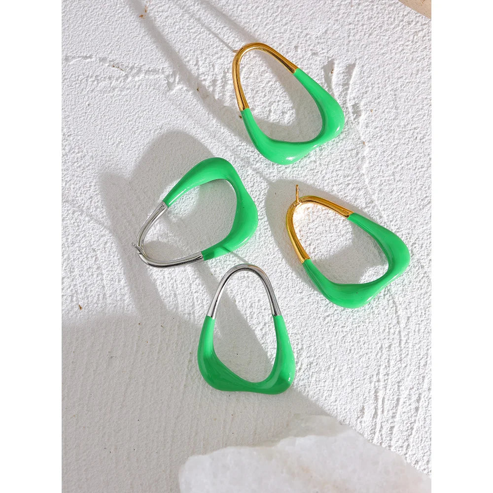 Yhpup verde esmalte minimalista moda geométrica oco brincos feminino na moda verão aço inoxidável jóias elegantes