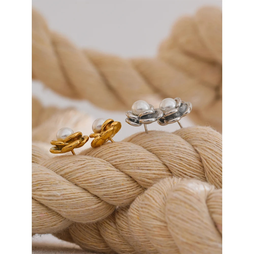 Yhpup brincos modernos de imitação de pérolas e flores para mulheres, pingente diário de aço inoxidável, joias versáteis, presente recomendado