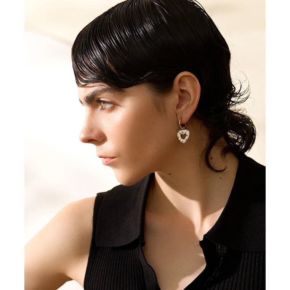 Yhpup moda rosa branco preto esmalte coração gota brincos de argola de aço inoxidável alta qualidade zircão charme jóias para presente feminino