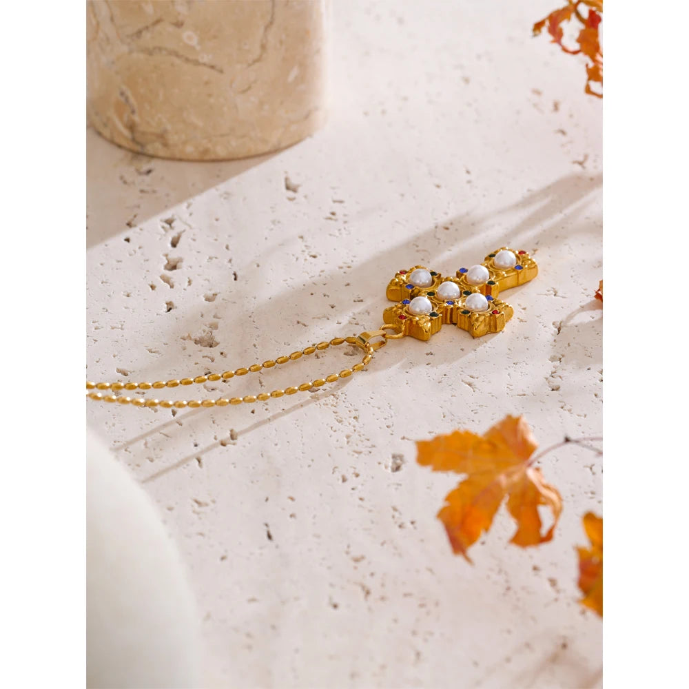 Yhpup zircônia imitação de pérolas cruz pingente colar dourado à prova d'água banhado charme aço inoxidável clássico joias populares