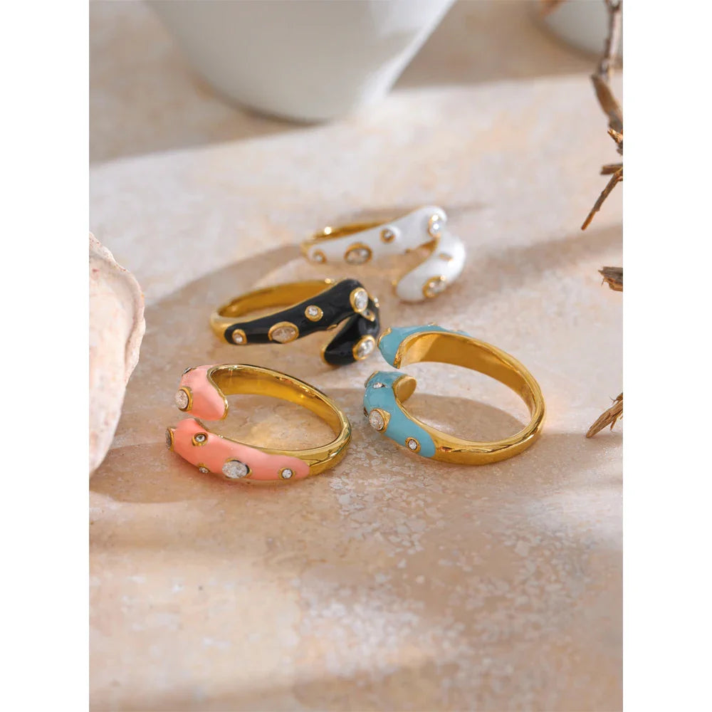 Yhpup doce ajustável y2k azul branco preto rosa esmalte zircônia cúbica requintado anel aberto dourado joias de aço inoxidável presente
