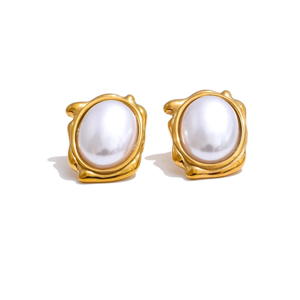 Yhpup elegante pérolas simuladas redondas brincos diários para mulheres 18k banhado a ouro aço inoxidável joias vintage novas