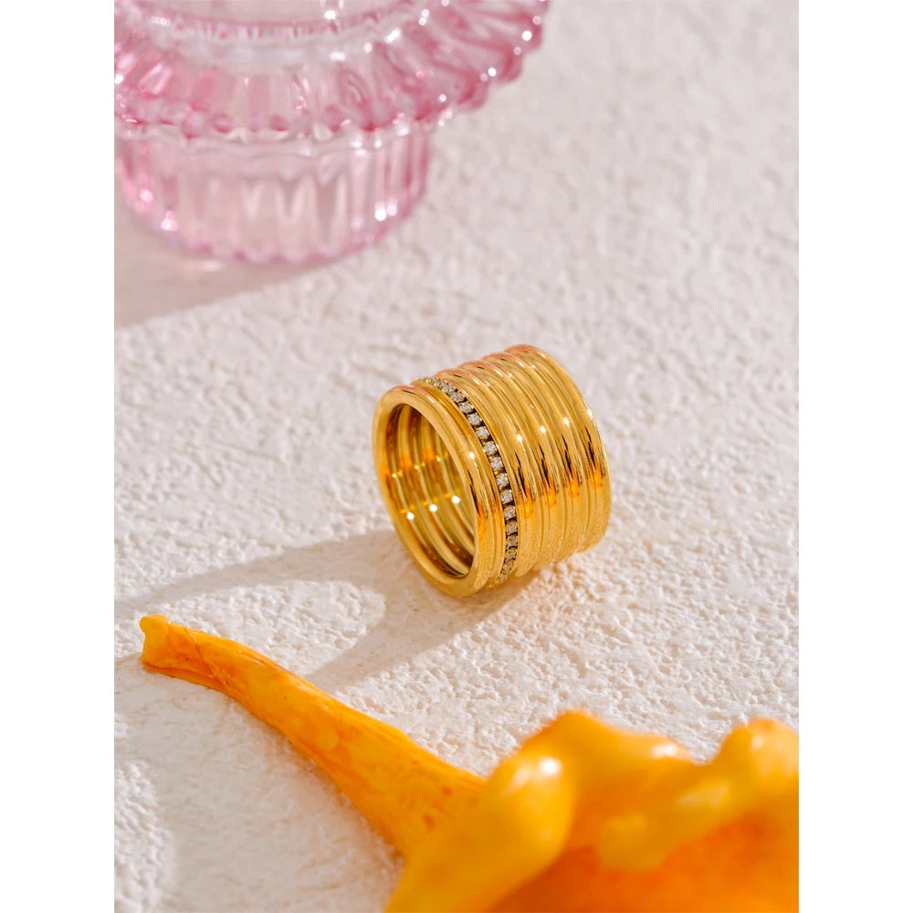 Yhpup 18k pvd banhado a zircônia incrustada em camadas anel largo redondo 316l aço inoxidável popular 2025 acessórios de joias presente