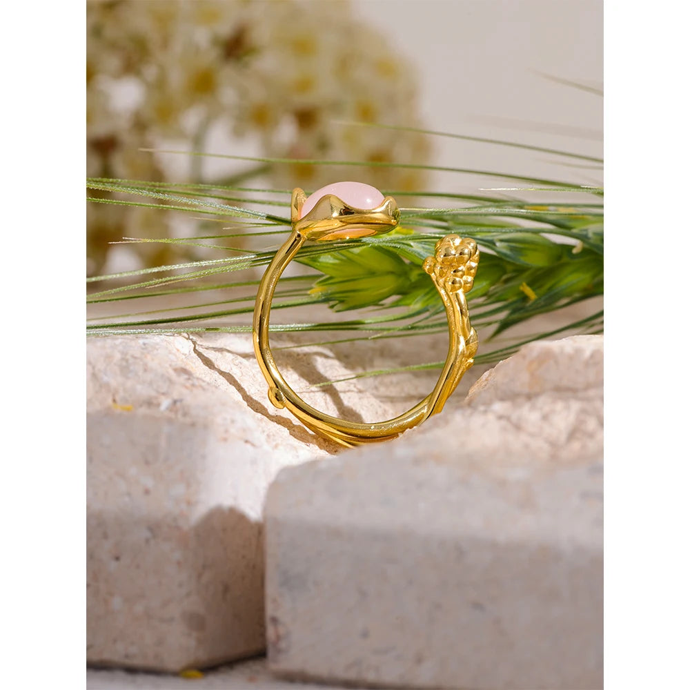 Yhpup-925 Anel Ajustável Aberto de Prata Esterlina para Mulheres, Rosa, Quartzo, Pedra, Flor, Planta, Joalheria Fina, Elegante, Requintado, Presente Chique