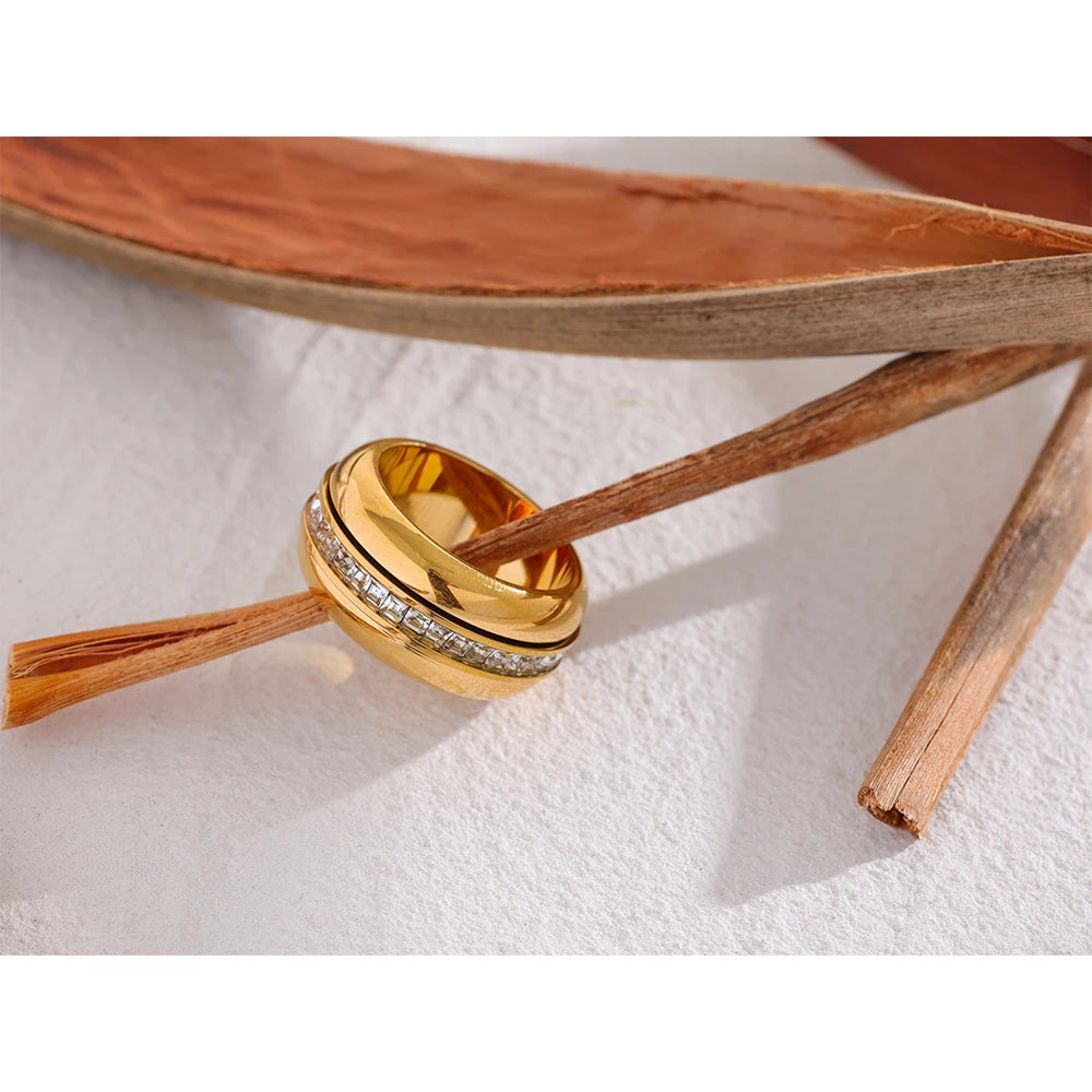 Yhpup rotatable cor do ouro grosso zircônia cúbica pedra anel de aço inoxidável textura à prova dwaterproof água moda metal redondo anillo jóias