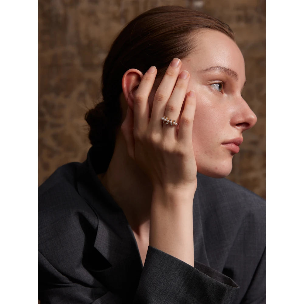 Yhpup delicado moda imitação de pérolas zircônia anel dourado ajustável para mulheres temperamento de aço inoxidável joia diária presente