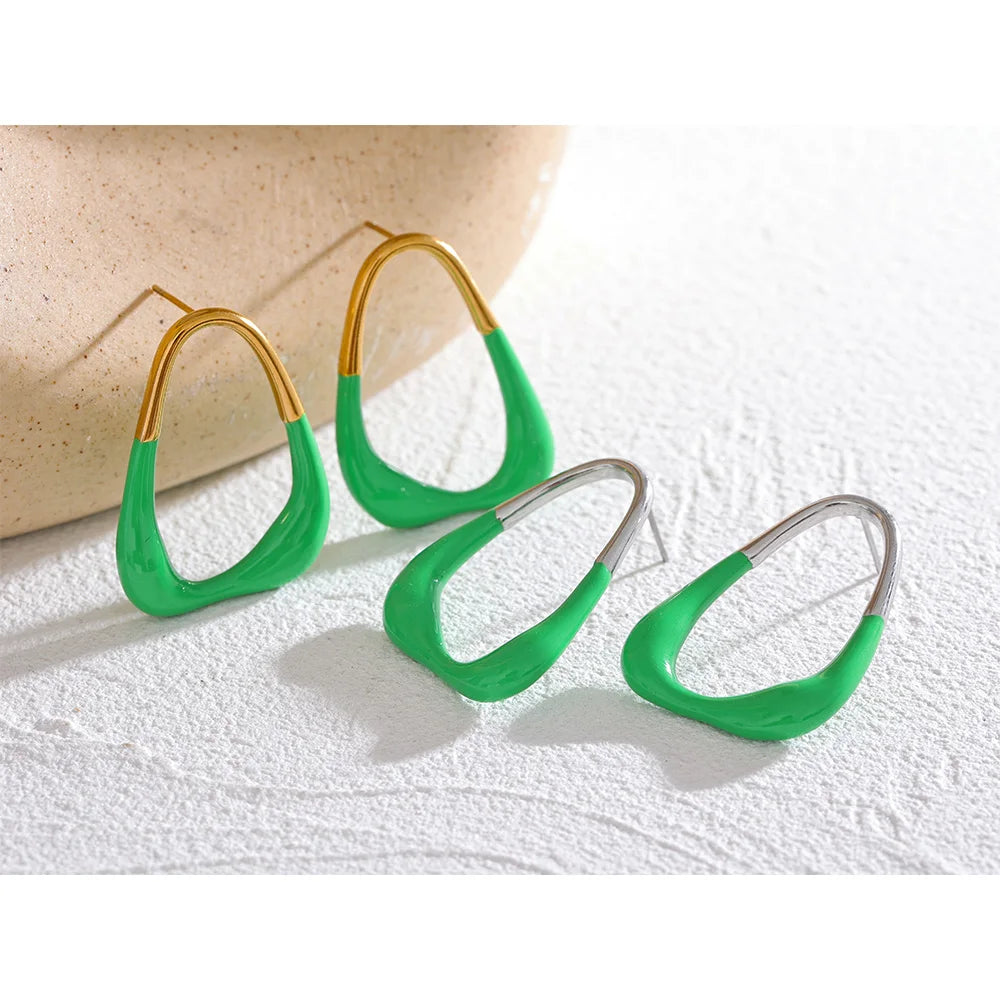 Yhpup verde esmalte minimalista moda geométrica oco brincos feminino na moda verão aço inoxidável jóias elegantes
