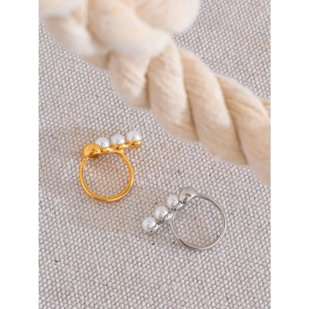 Yhpup requintado moda novo estilo anel de aço inoxidável simulado pérola ouro real 18k ouro pvd banhado jóias para presente feminino